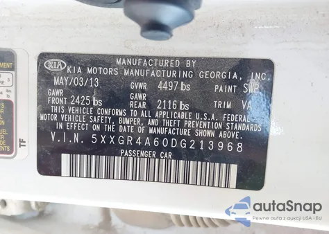 2013 Kia Optima Sx z USA, uszkodzony, nr VIN 5XXGR4A60DG213968